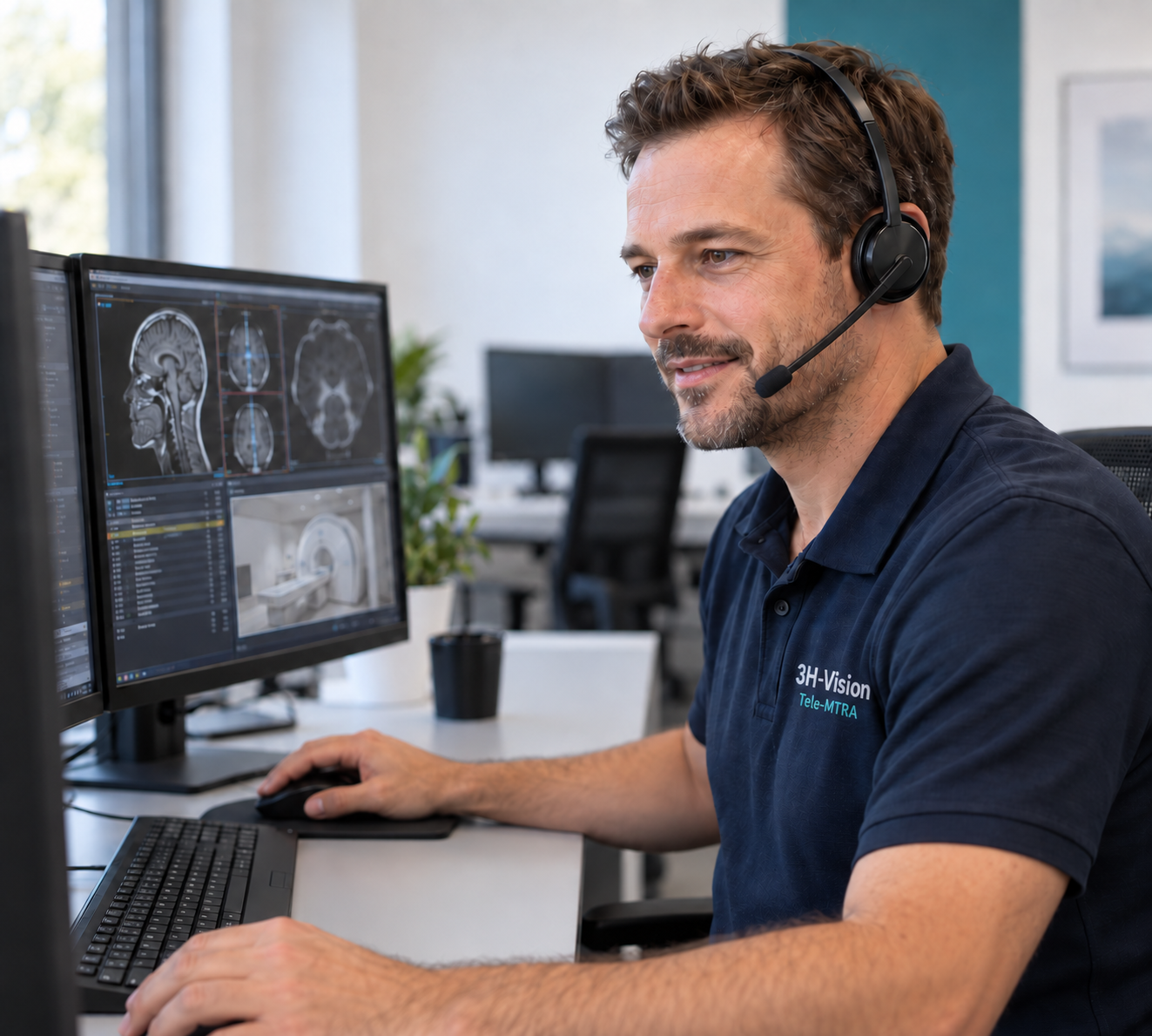 Radiologische Fachkraft mit Headset am Arbeitsplatz – Symbolbild