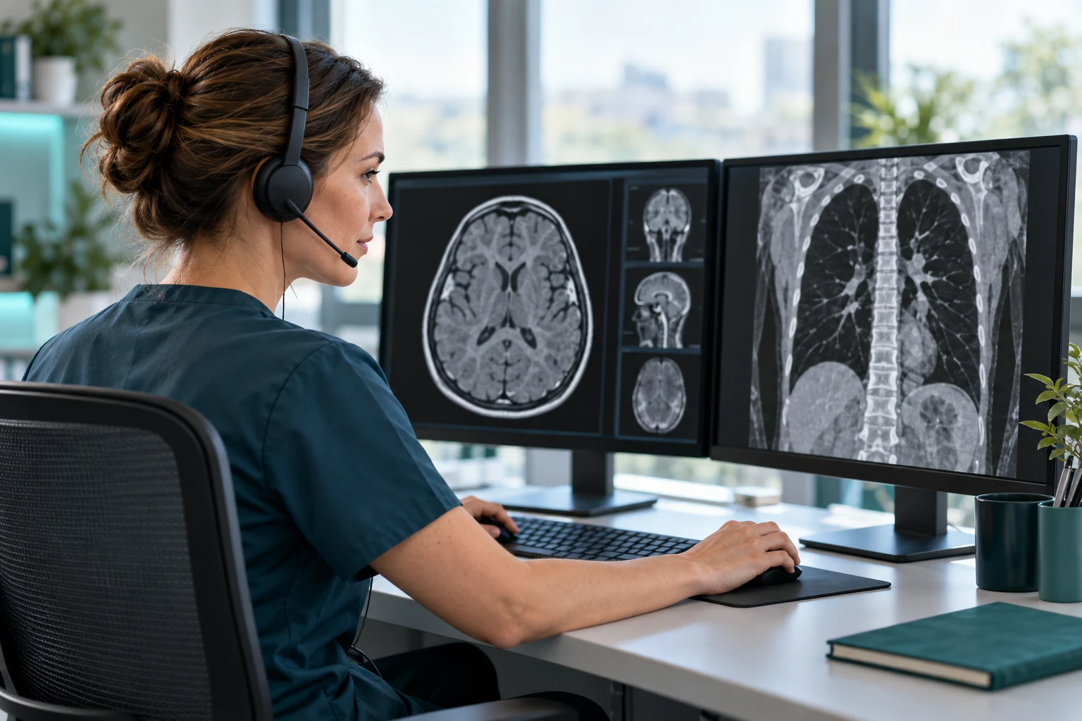 Radiologischer Arbeitsplatz mit medizinischen Bilddaten auf zwei Monitoren – Symbolbild