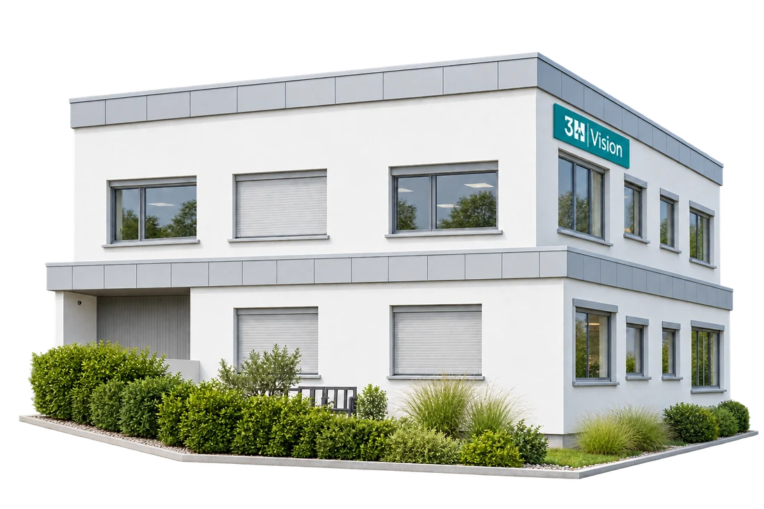Zweistöckiges Gebäudekonzept für 3H-Vision mit weißer Fassade und kleinem petrolfarbenem Logo auf der rechten Seitenfassade