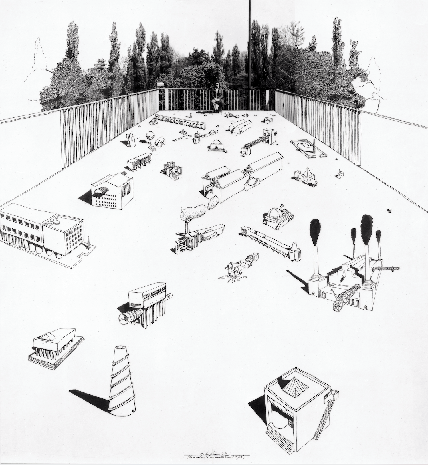 Ugo La Pietra, I miei balocchi (da monumenti e monumentalismo), 1973-77. Stampa litografica. Archivio Ugo La Pietra, Milano