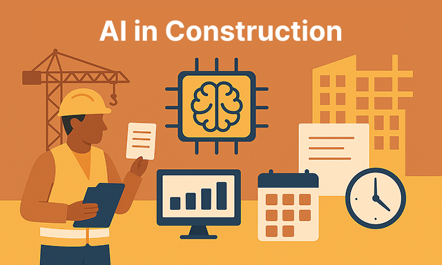 Construction worker with tablet surrounded by AI technology icons demonstrating artificial intelligence applications in construction industry.