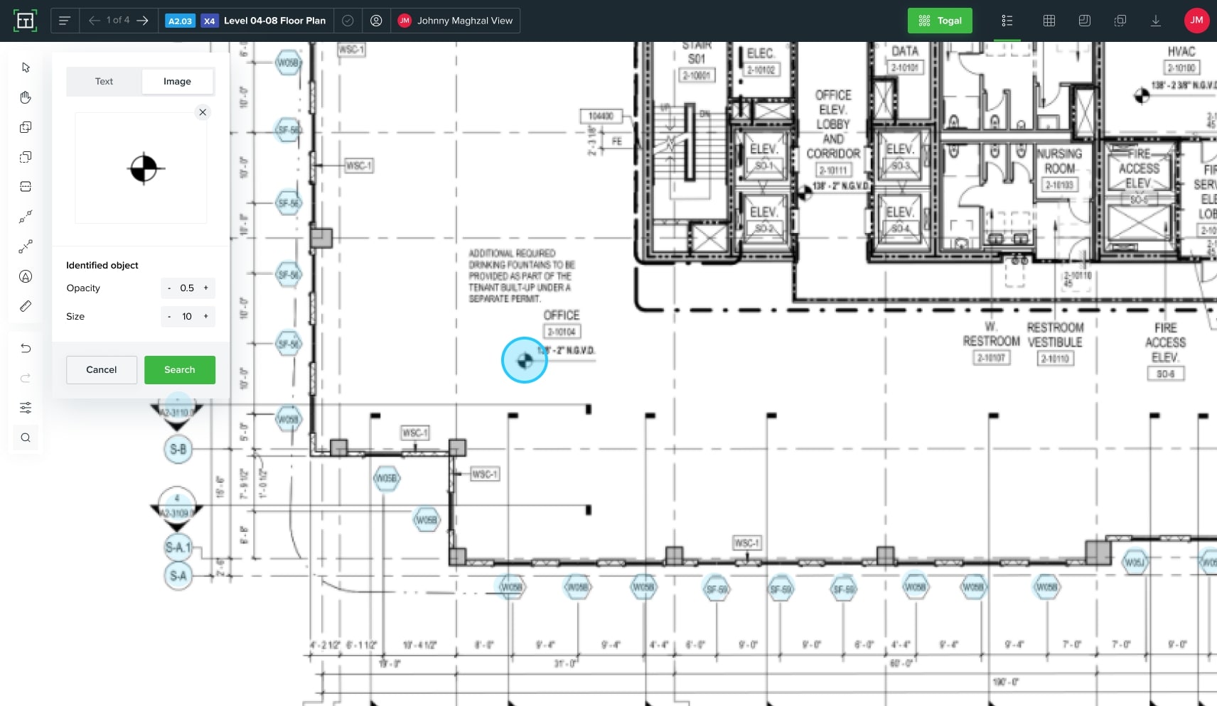 Digital construction floor plan interface showing Level 04-08 with room layouts, elevators, and measurement tools for project planning.