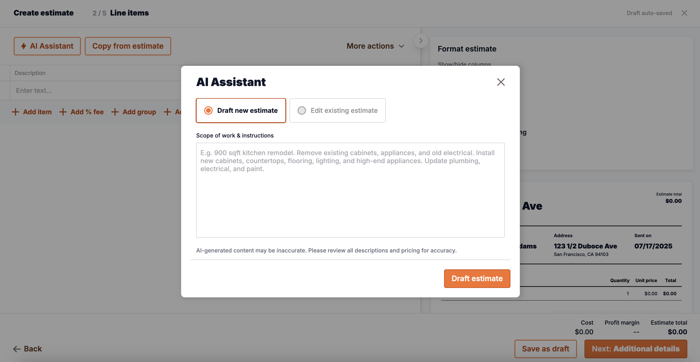 AI Assistant modal for construction estimating software showing project scope input for kitchen remodel with draft estimate option.
