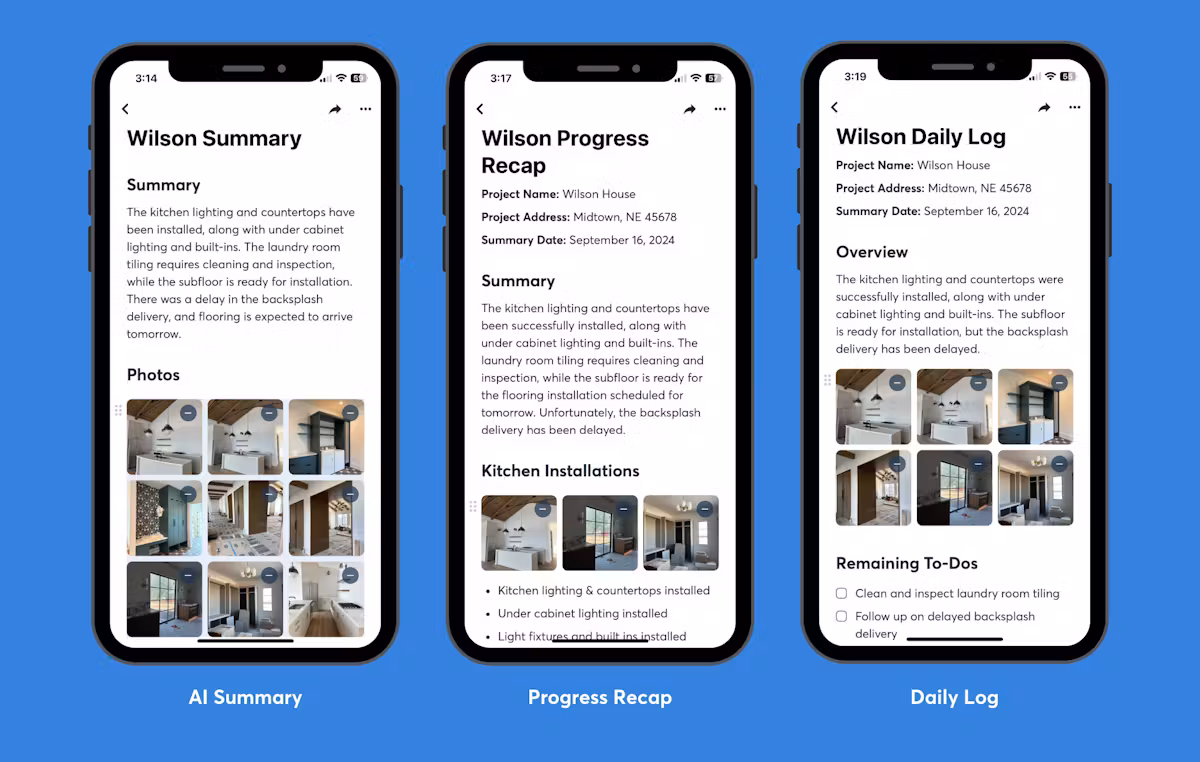 Three mobile screens showing AI-powered construction project management features: Wilson Summary, Progress Recap, and Daily Log with kitchen renovation photos.