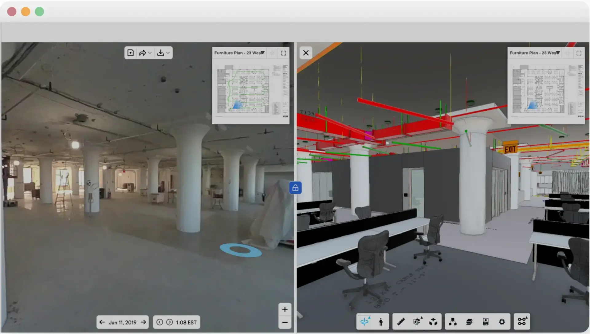 Split-screen view comparing actual construction site progress photo with 3D digital model showing planned office layout and MEP systems.