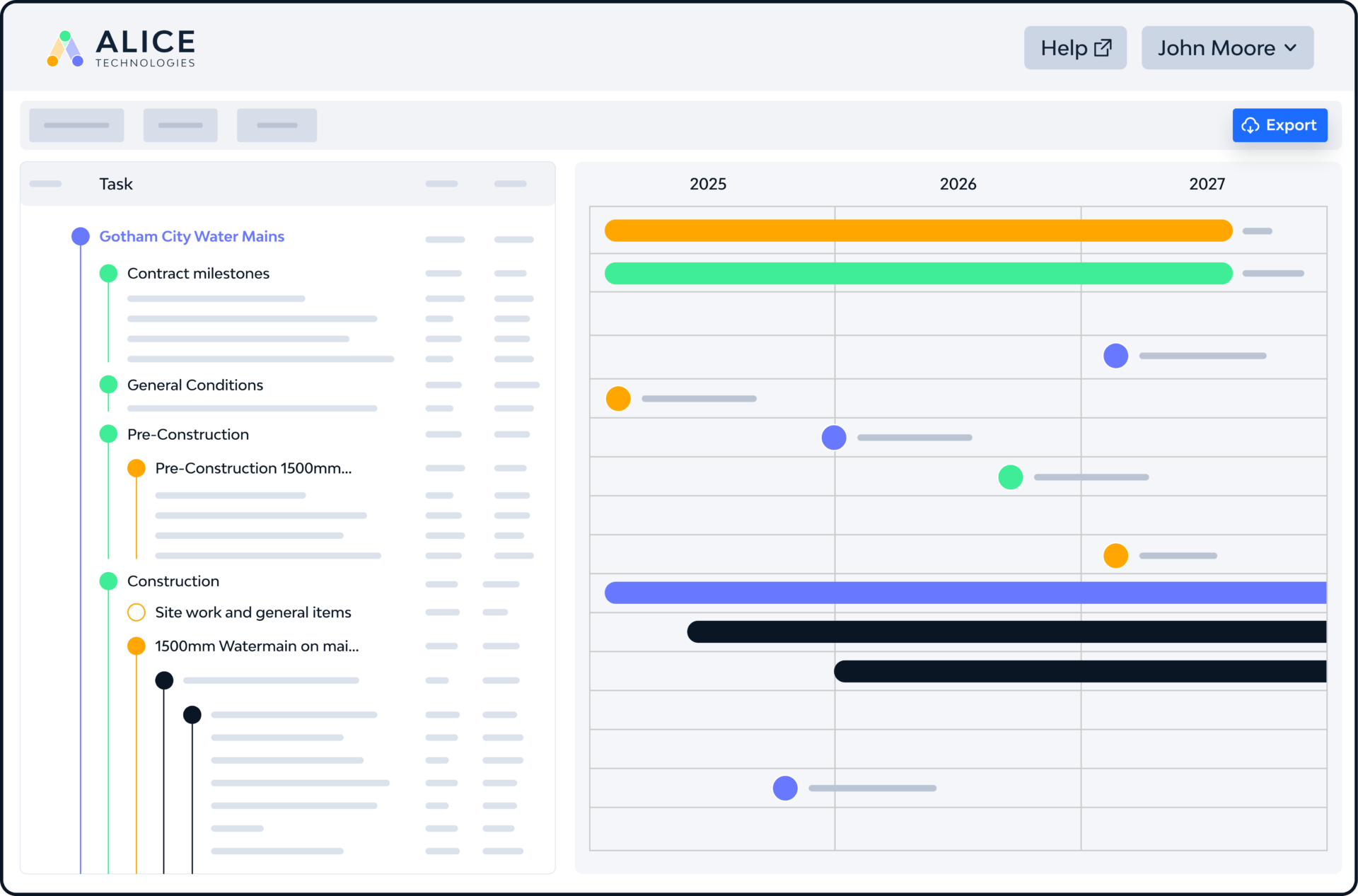 Alice Technologies project management dashboard showing Gantt chart timeline for Gotham City Water Mains construction project spanning 2025-2027.