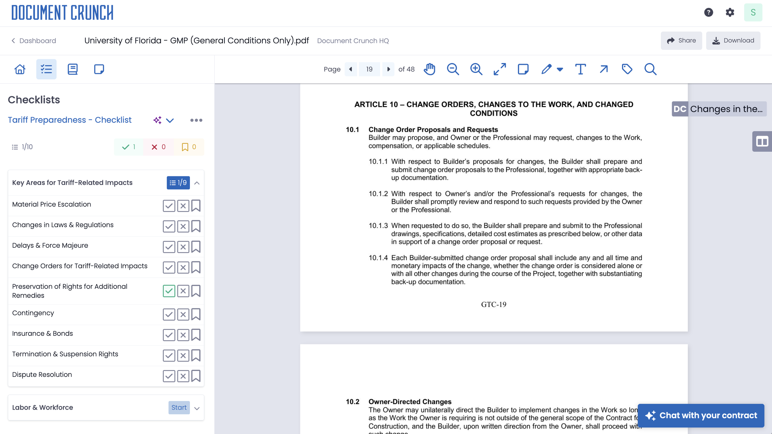 Document Crunch platform displaying University of Florida contract with AI-powered checklist analyzing change orders and tariff-related impacts.