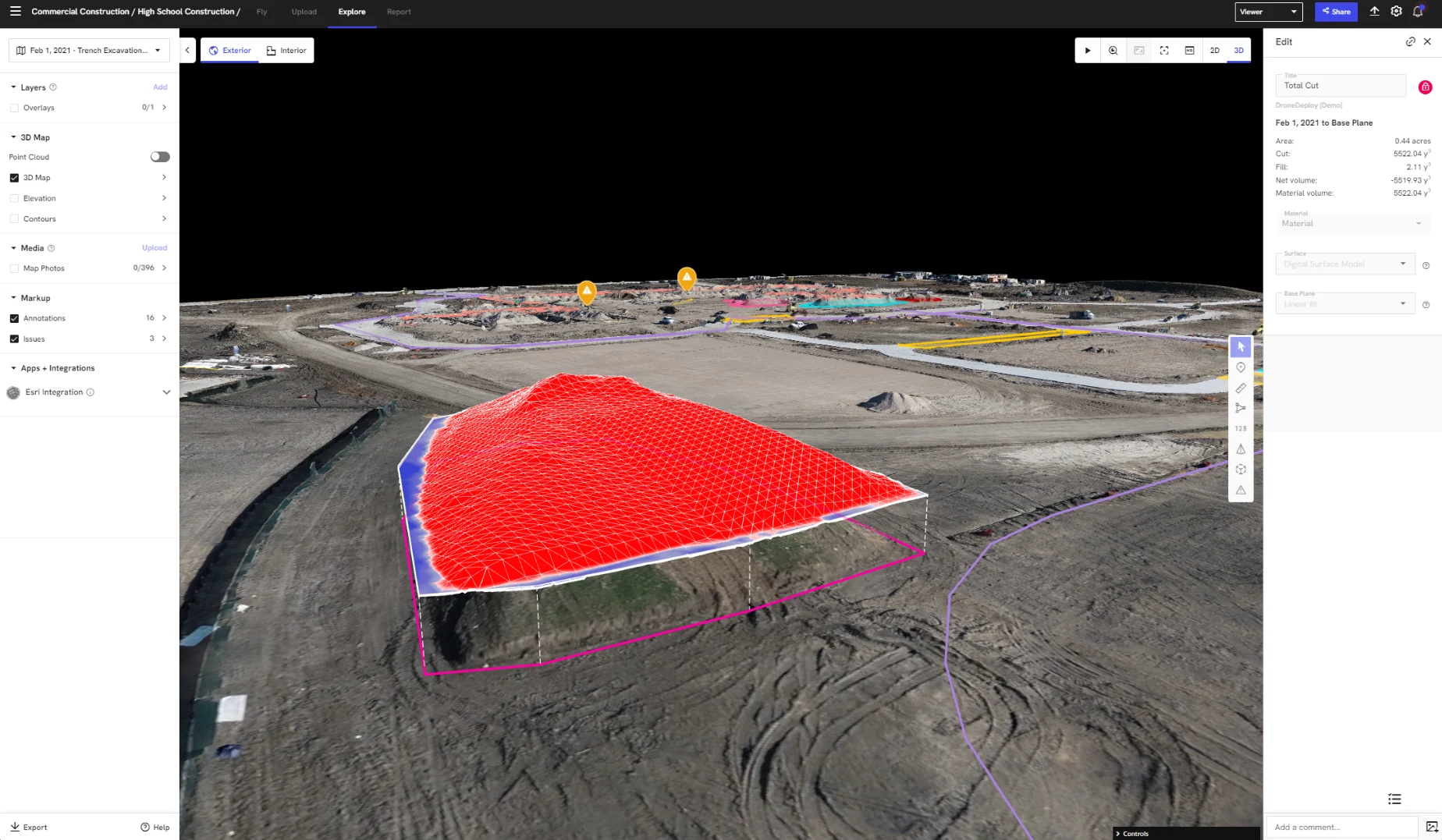 Construction site aerial view with 3D volumetric analysis overlay showing excavation measurements and cut/fill calculations for project planning.