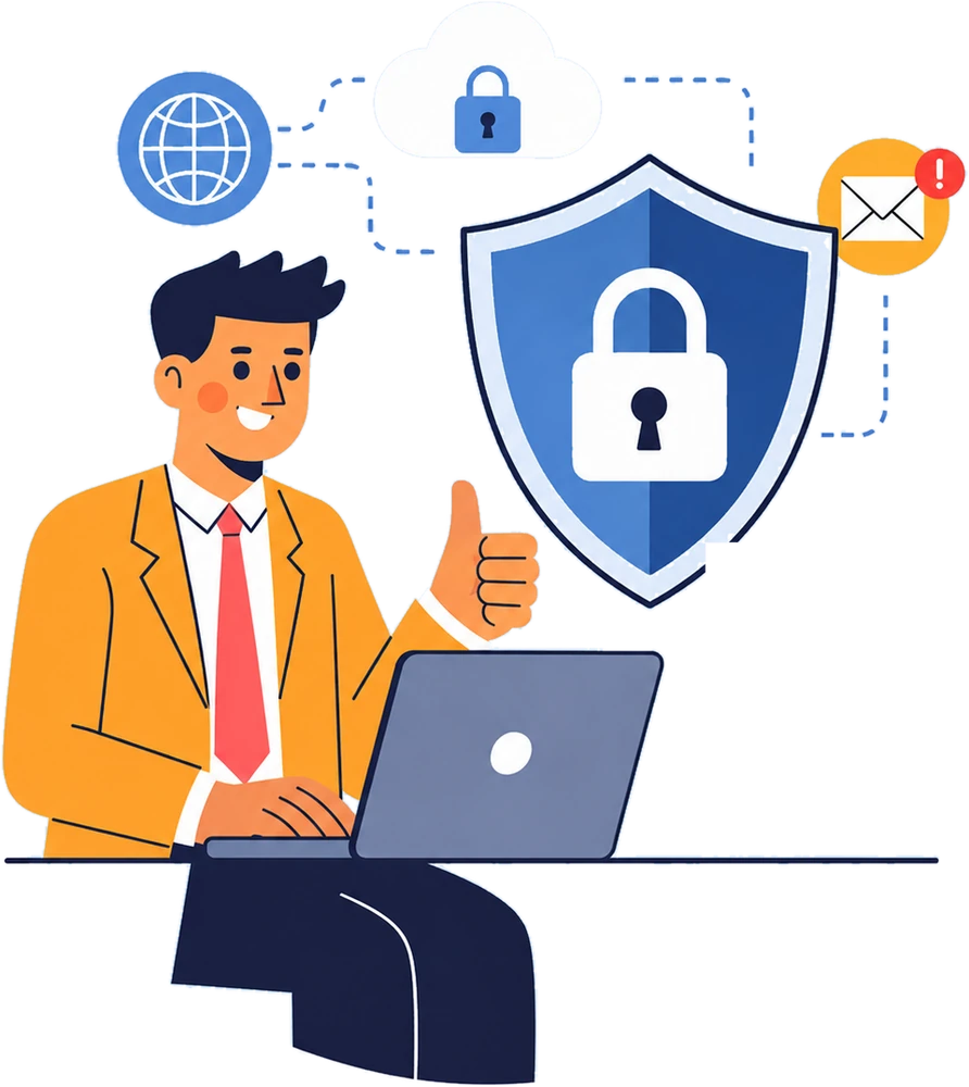 A person at a laptop reviewing their organization's systems, with a security shield, cloud services and connected devices around them.