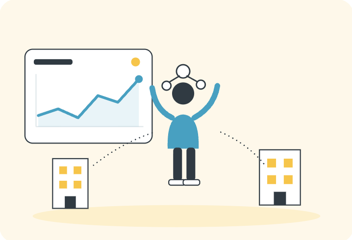 Illustration of a figure connecting two office buildings to a growth dashboard, representing DeepNet's five services delivered as one connected team