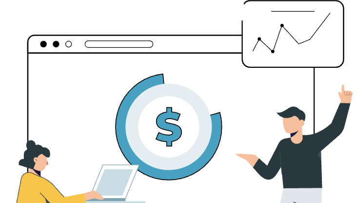 Illustration of two people discussing employee ownership and transparent pricing, representing why organizations choose DeepNet