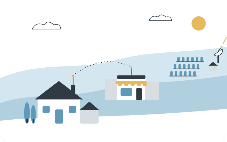 Illustration of an estate, a tasting room and a vineyard block connected across a valley, representing DeepNet's rural connectivity work in Healdsburg