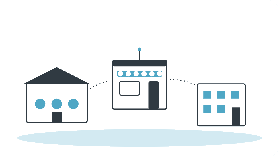 Illustration of three connected buildings representing a Napa estate's production, hospitality and administration sites linked by network connectivity