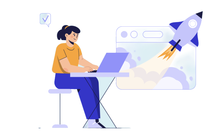 Illustration of a person at a laptop launching a project, representing the AI consulting and development work based at DeepNet's Berkeley office