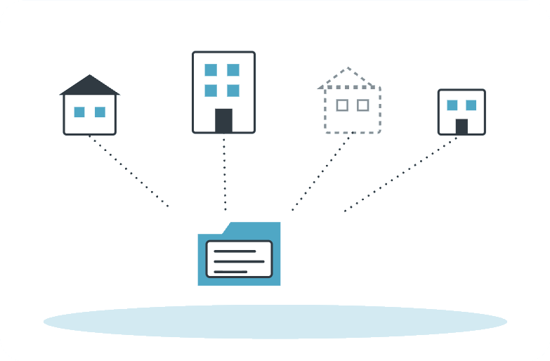Illustration of several small building icons connected to a central records folder, one building faded to represent an ended program while its records remain accessible