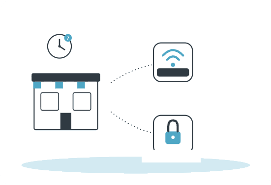 Illustration of a storefront with separate connections to guest wifi and business systems icons, representing DeepNet's network separation work for hospitality clients in Petaluma