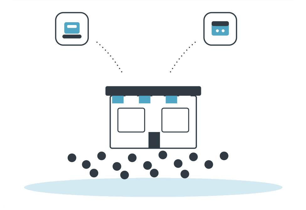 Illustration of a compact storefront connected to point-of-sale and booking system icons, with foot traffic below, representing DeepNet's work with small, entirely customer-facing businesses in Sonoma