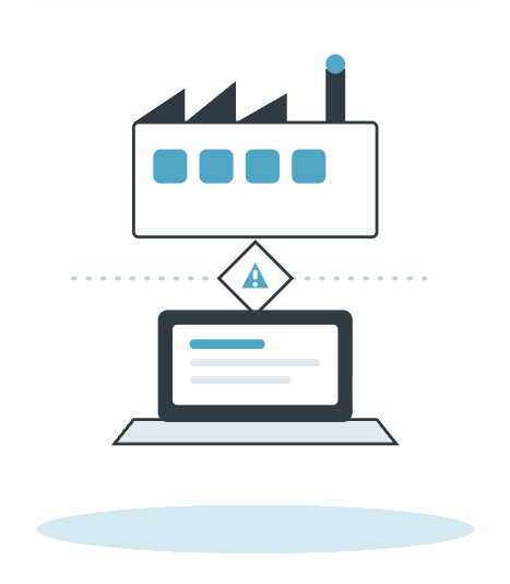 Illustration of a factory icon above a laptop icon with a warning mark in the gap between them, representing where failures happen between production and office IT systems in San Rafael