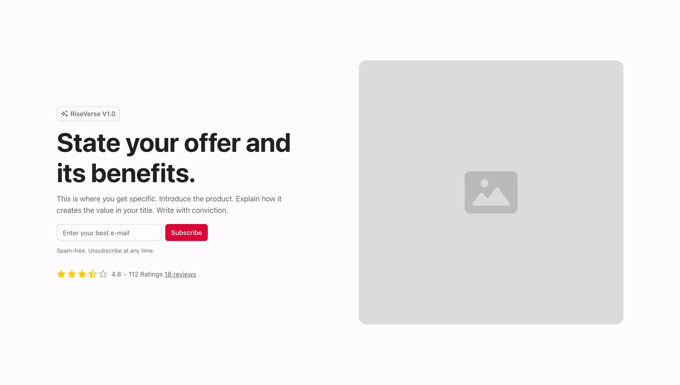 Hero header component with content to the left and image to the right.