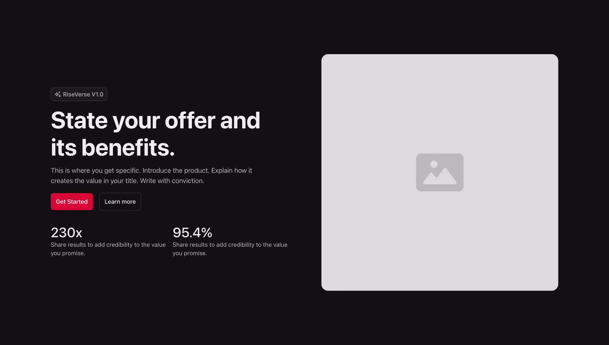 Hero header component with content to the left and image to the right.