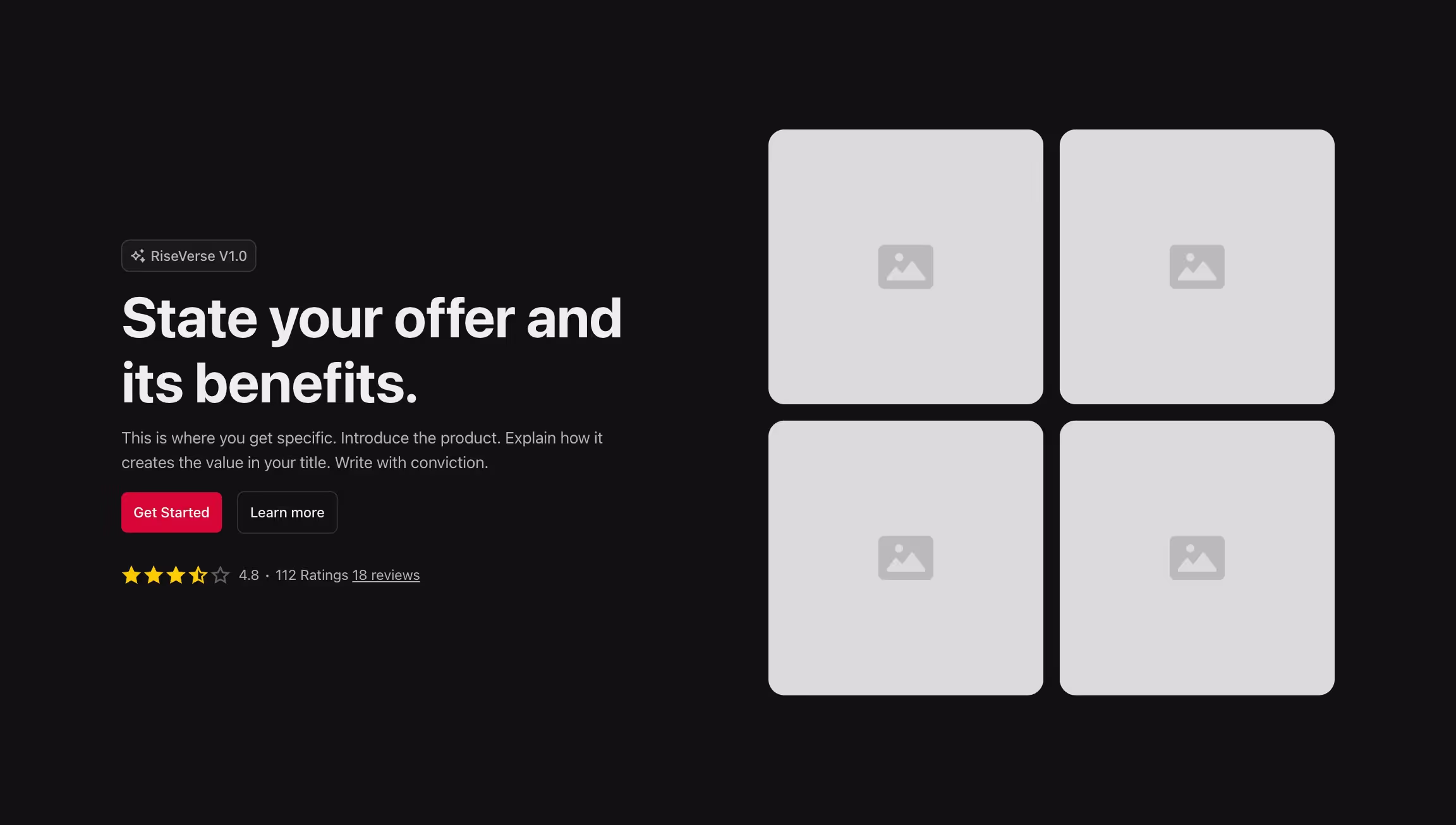 Hero header component with content to the left and four images to the right.