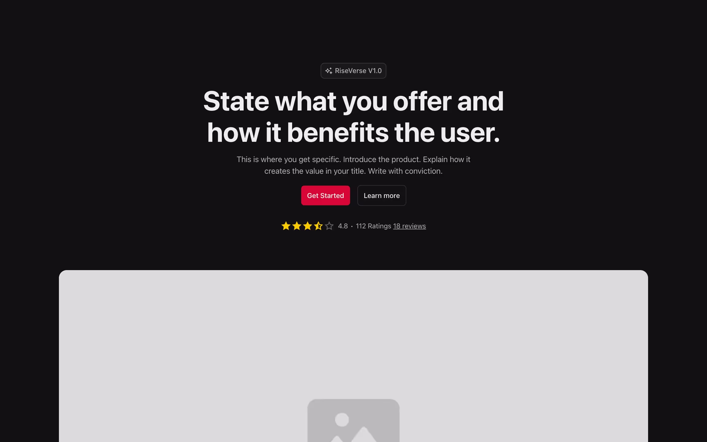 Hero header component with content on the top and a large image below.