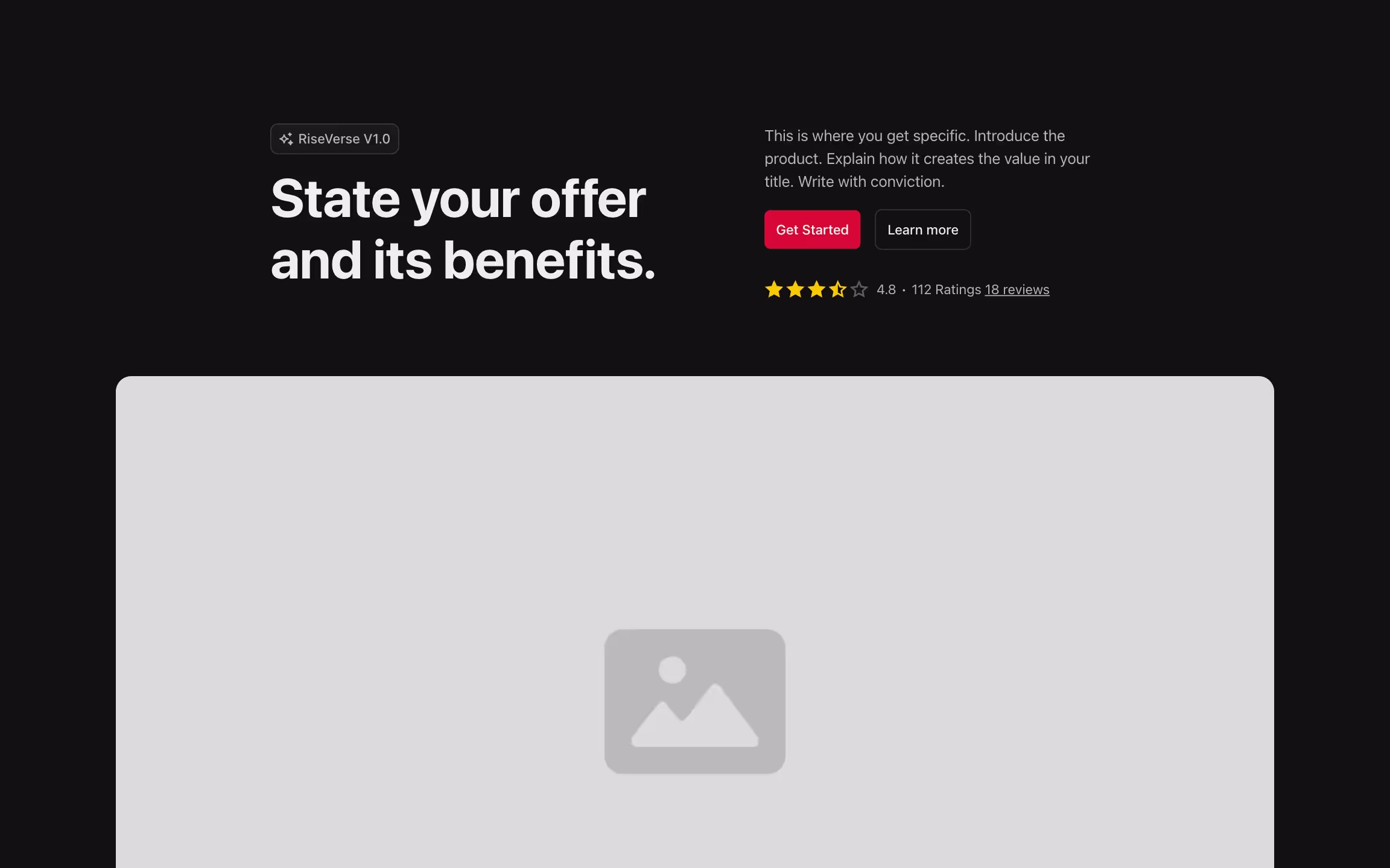 Hero header component with content on the top and a large image below.