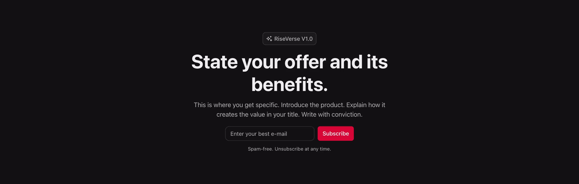 Header component with content and newsletter form centered.