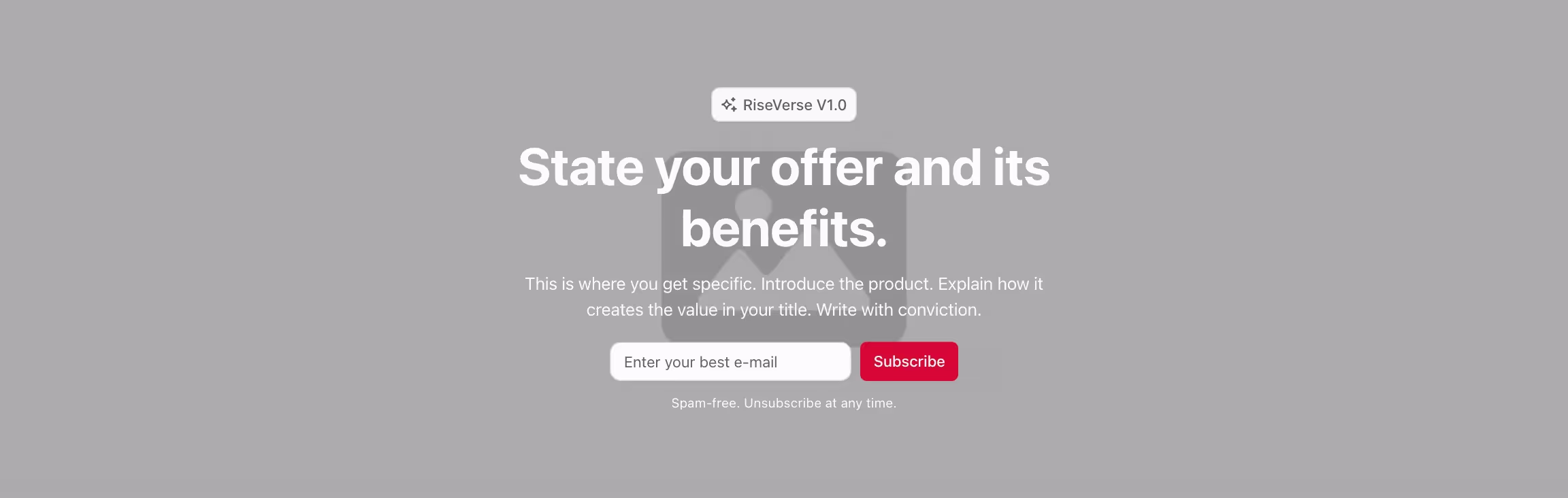 Header component with content and newsletter form centered and image in the background.