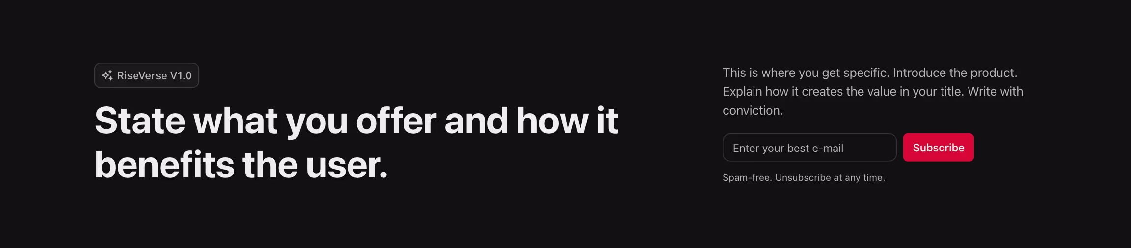 Header component with title to the left and content with newsletter form to the right.