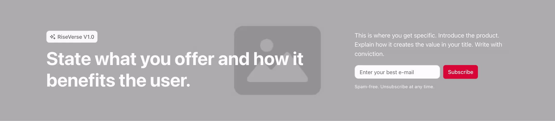 Header component with title to the left and content with newsletter form to the right, with image in the background.