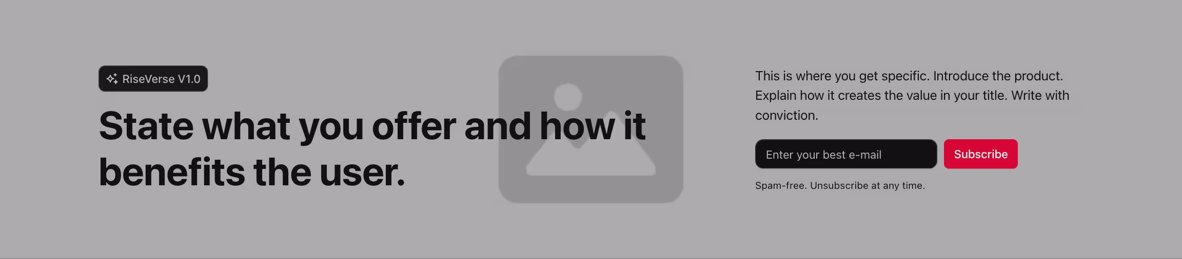 Header component with title to the left and content with newsletter form to the right, with image in the background.