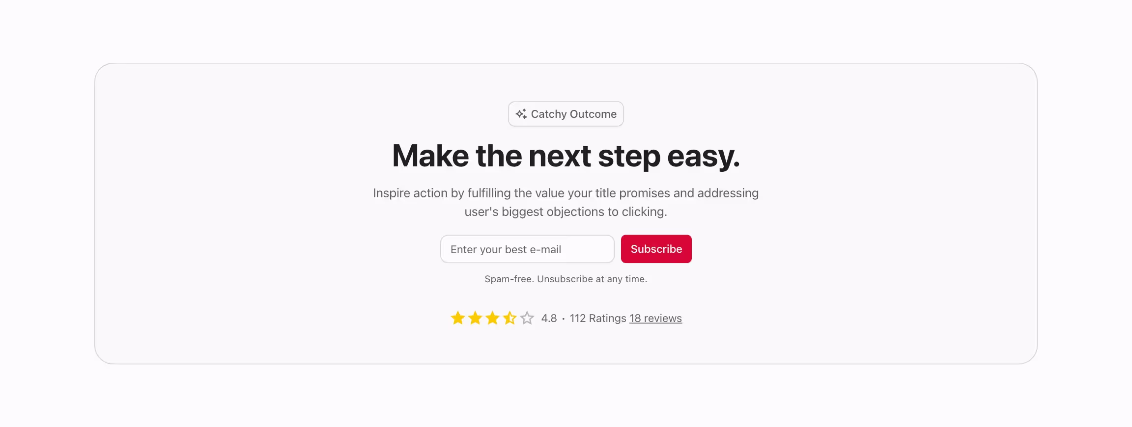 CTA (call to action) component with content centered and a newsletter form in a card.