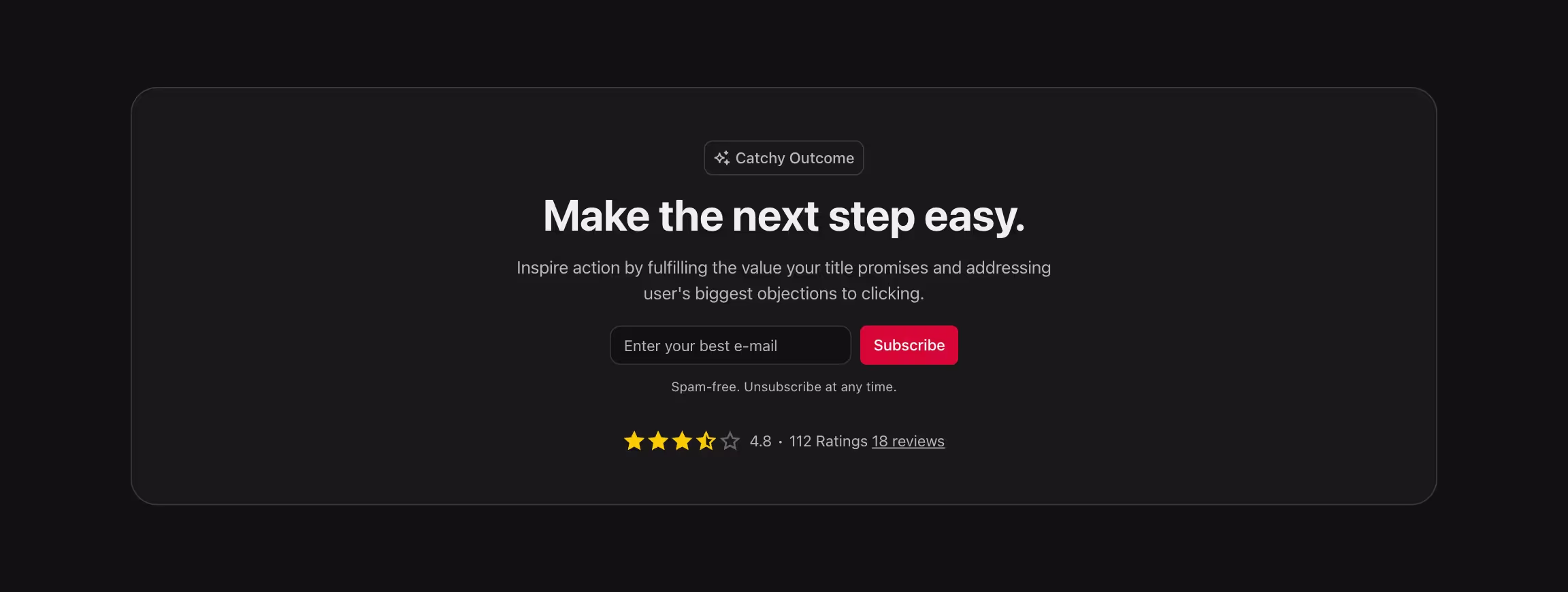 CTA (call to action) component with content centered and a newsletter form in a card.