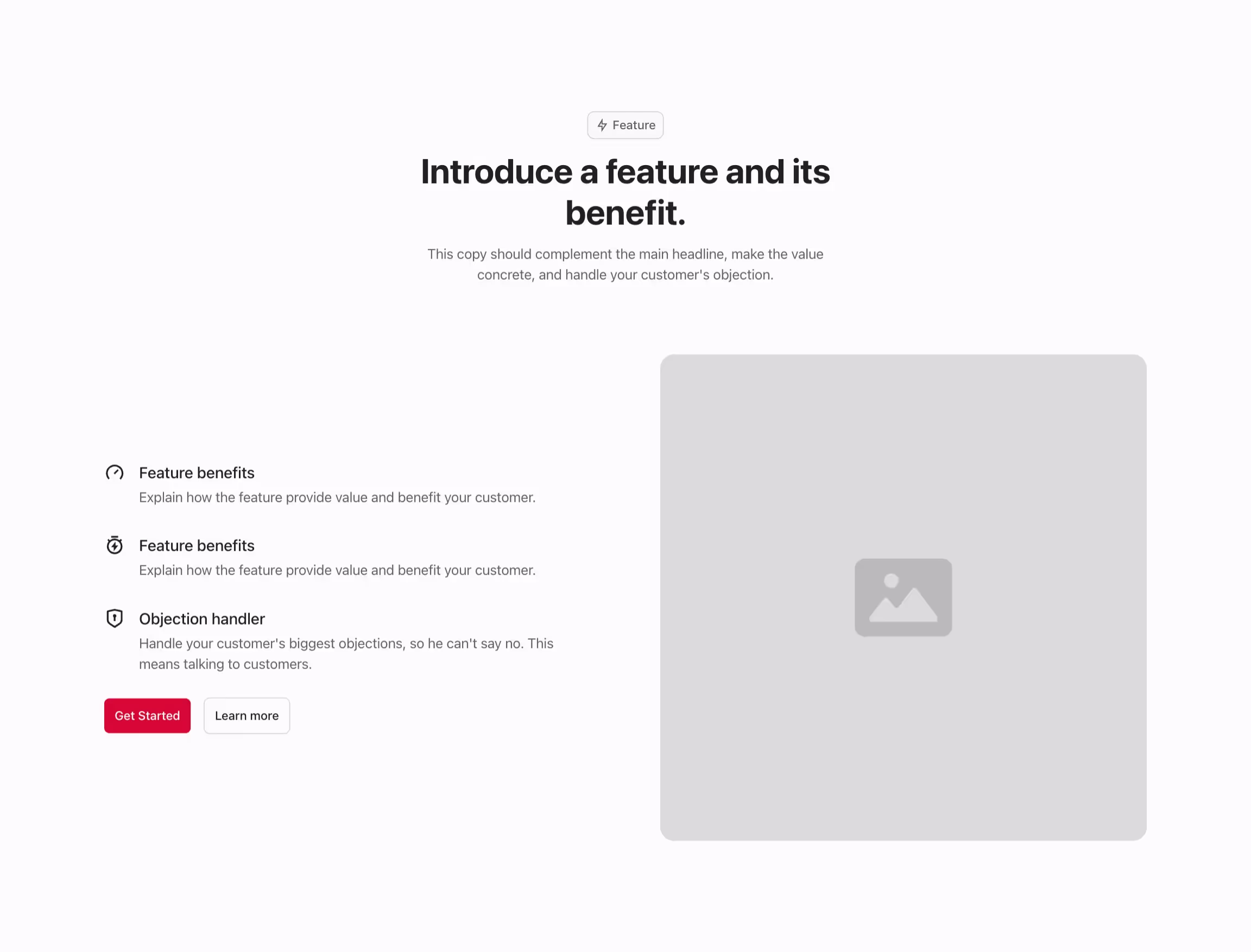 Feature component with content to the left and image to the right, and a header above.