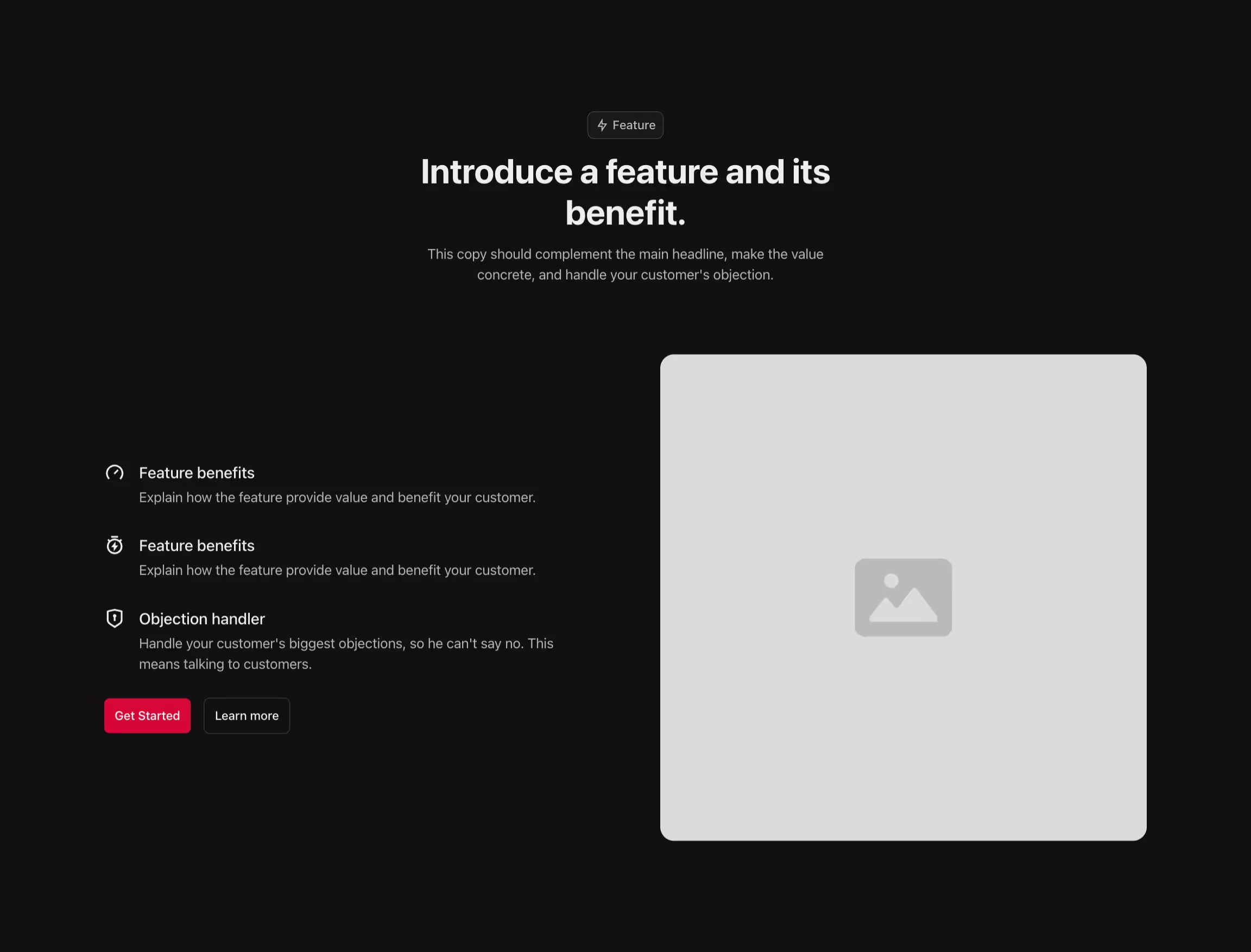 Feature component with content to the left and image to the right, and a header above.