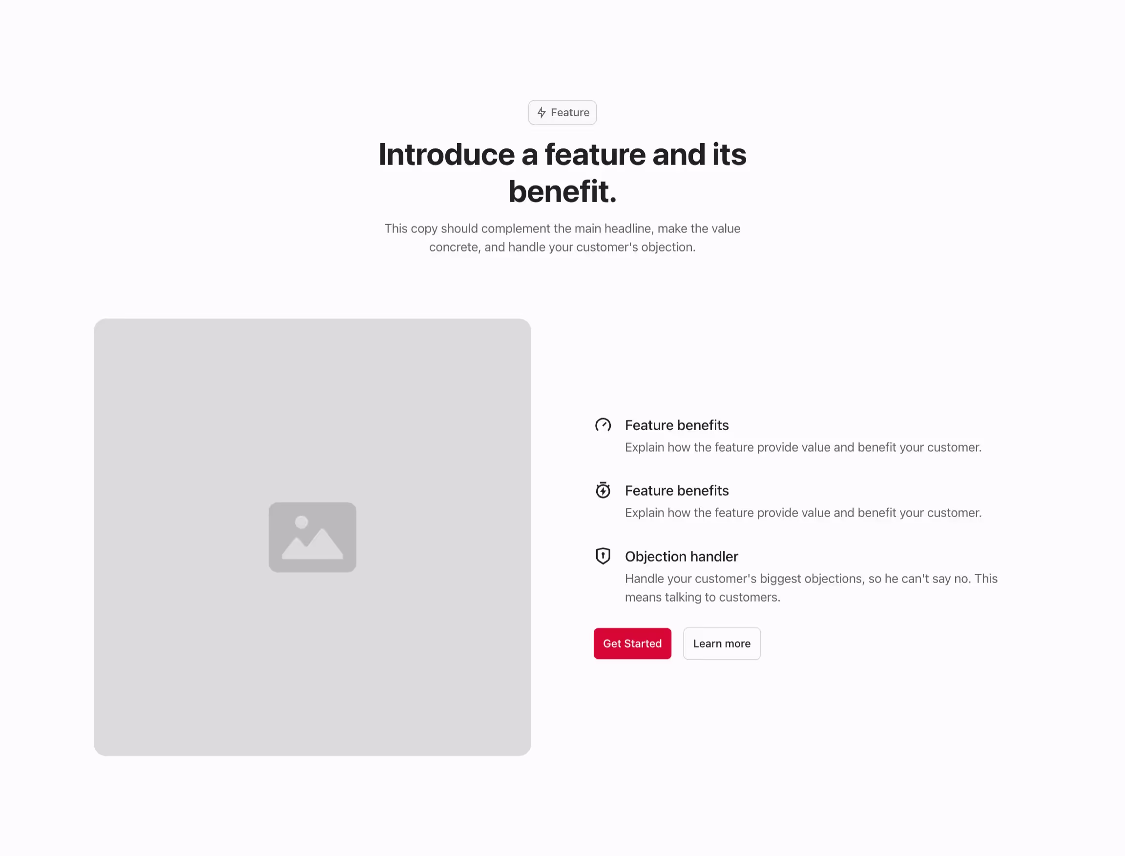 Feature component with content to the right and image to the left, and a header above.