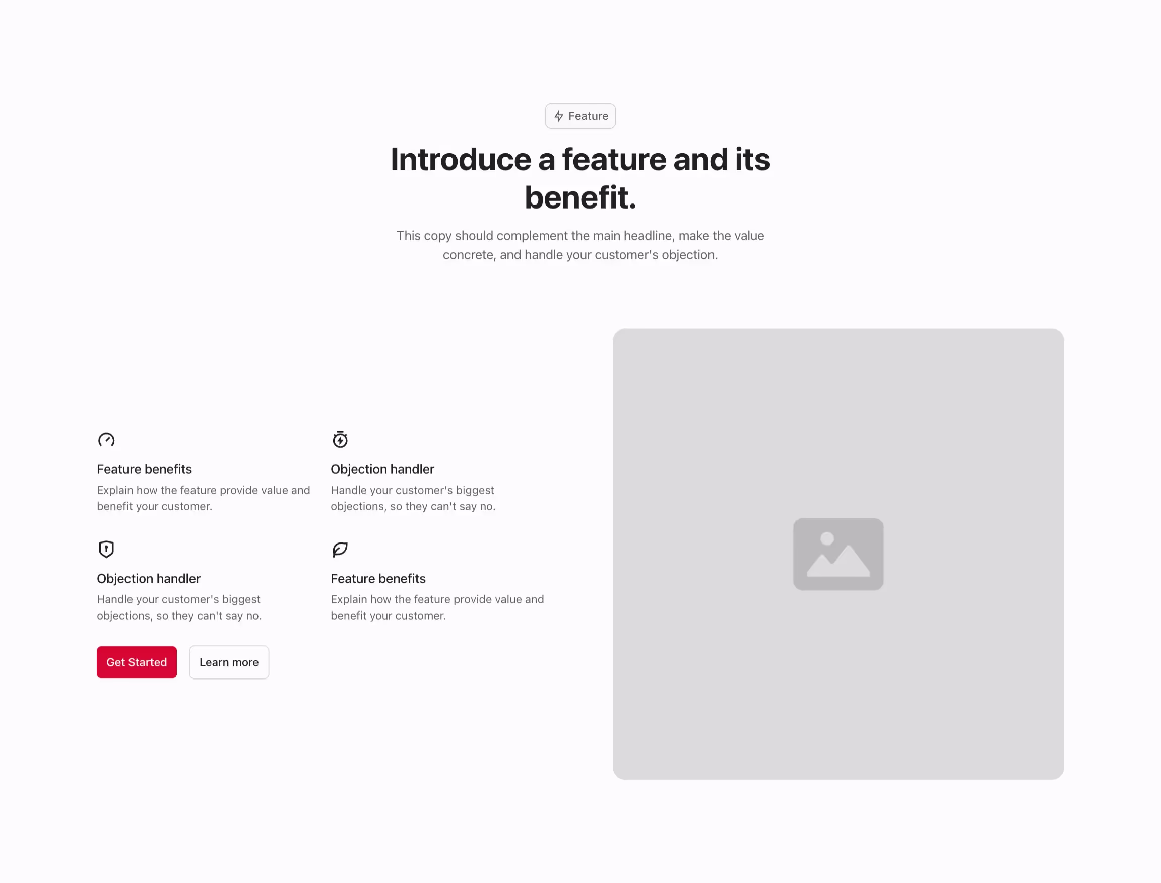 Feature component with content to the left and image to the right, and a header above.