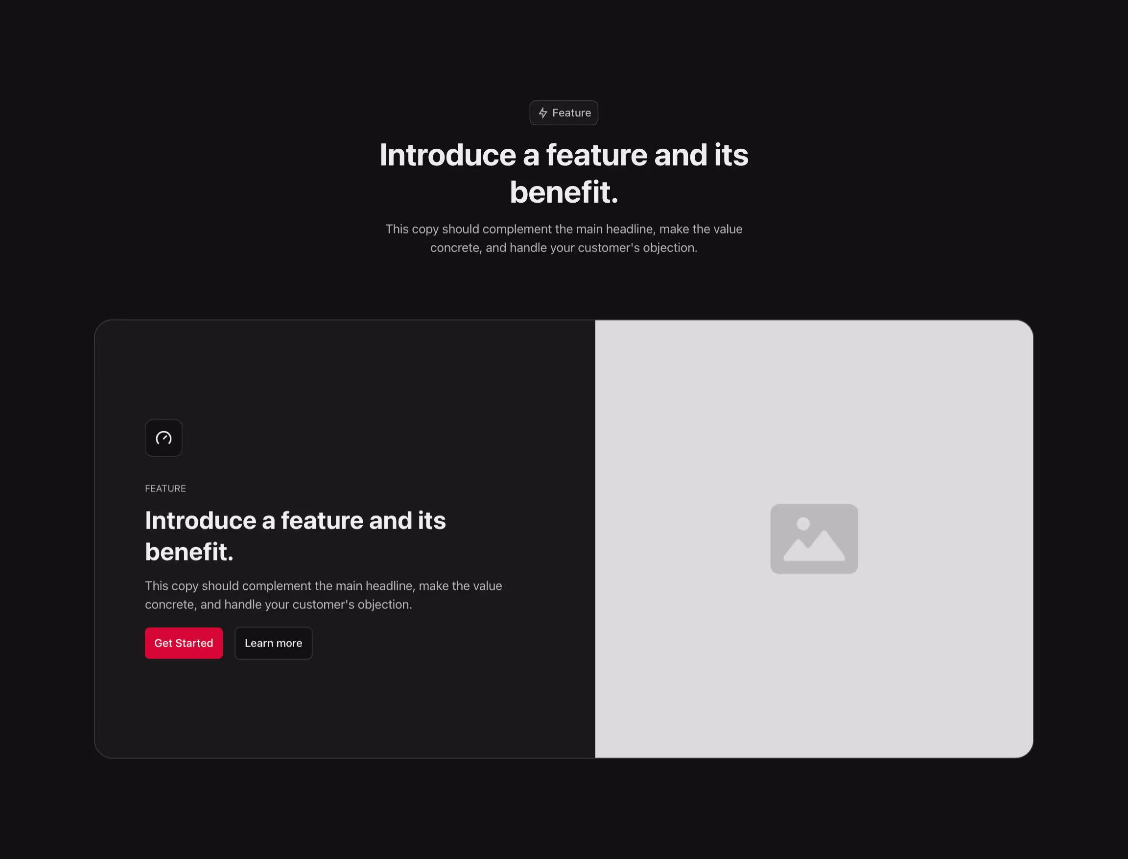 Feature component with content to the left and image to the right, in a card, with header above.
