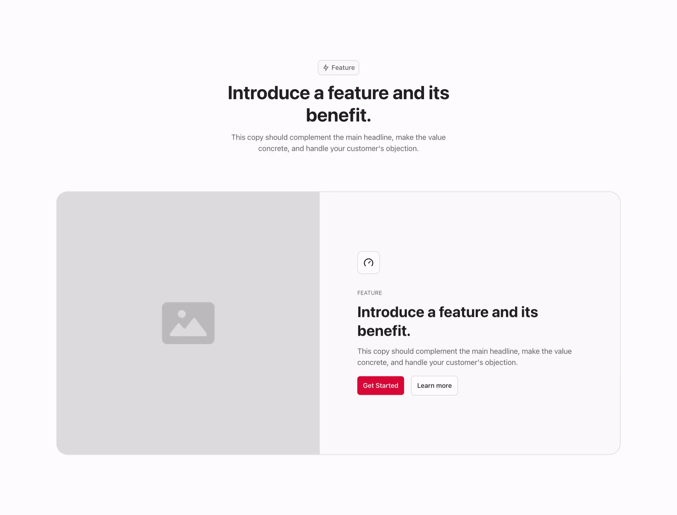 Feature component with content to the right and image to the left, in a card, with header above.