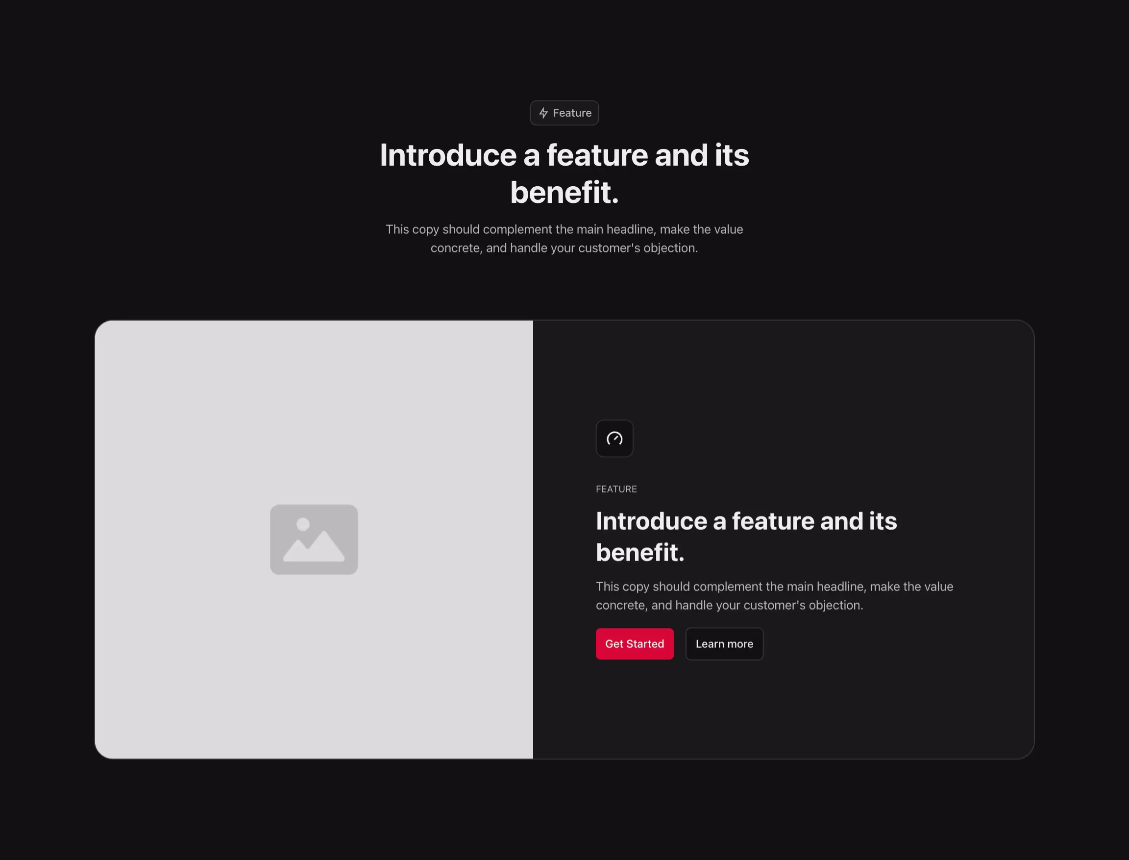 Feature component with content to the right and image to the left, in a card, with header above.