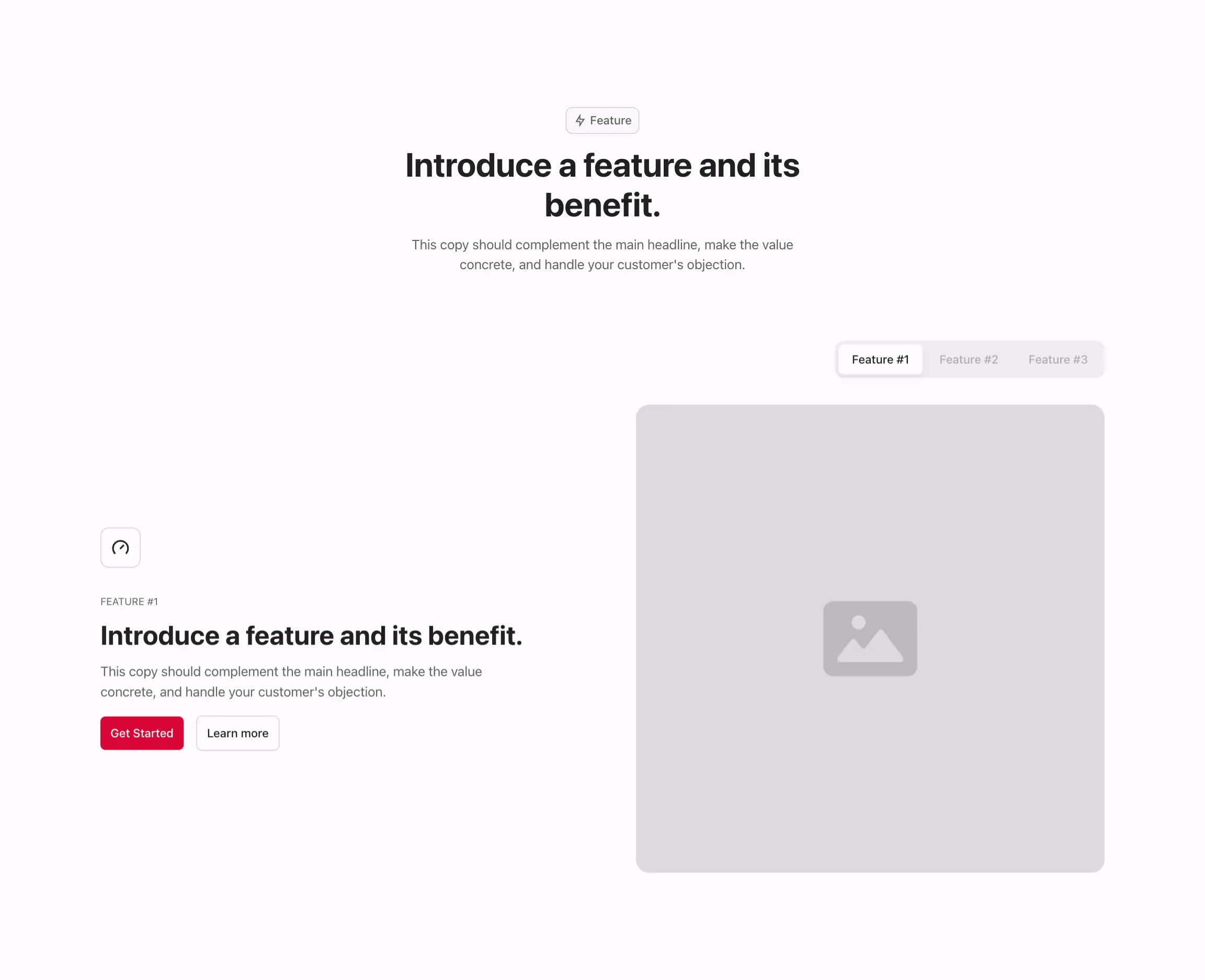 Feature component with content to the left and image to the right, organized in tabs, and a header above.