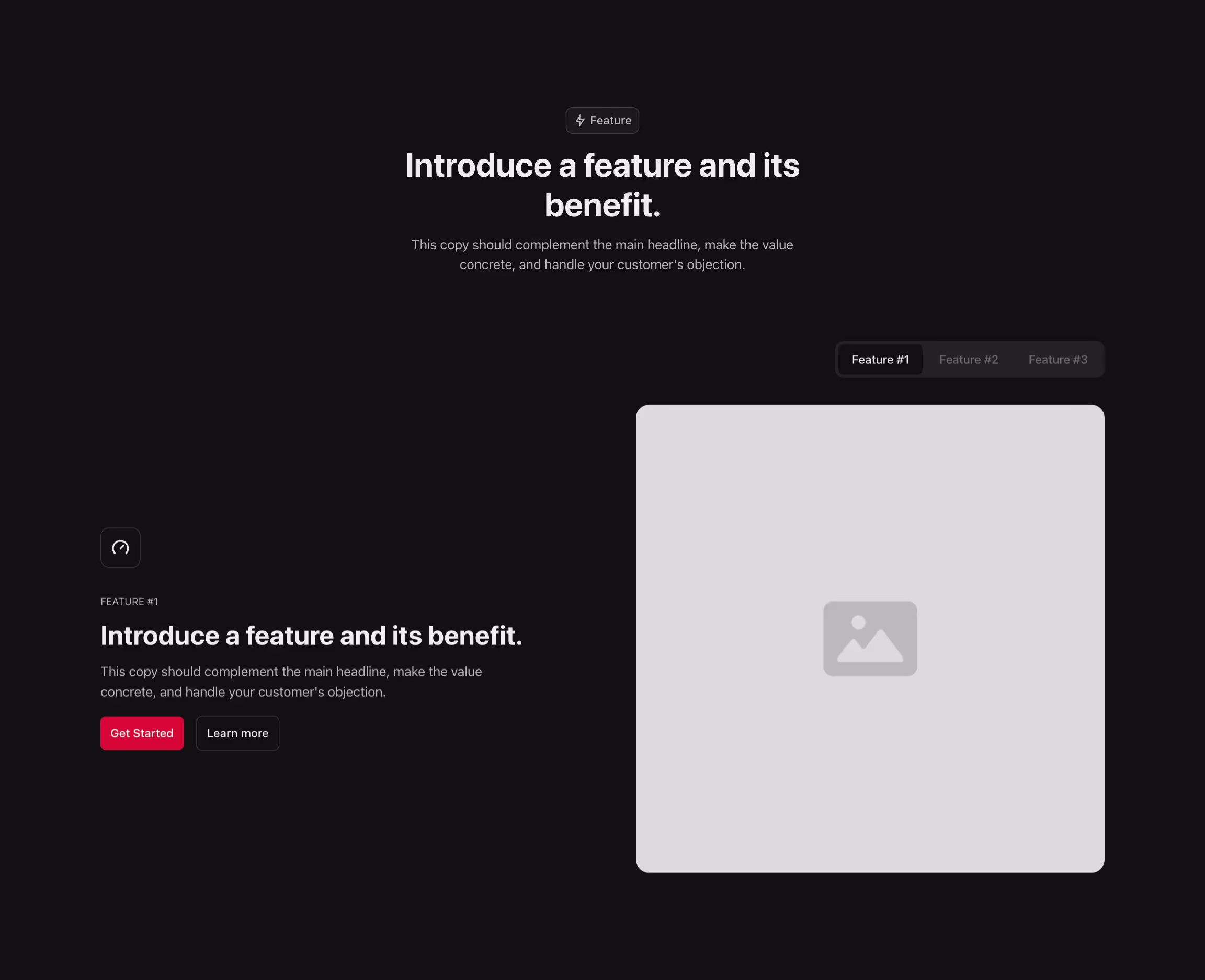 Feature component with content to the left and image to the right, organized in tabs, and a header above.