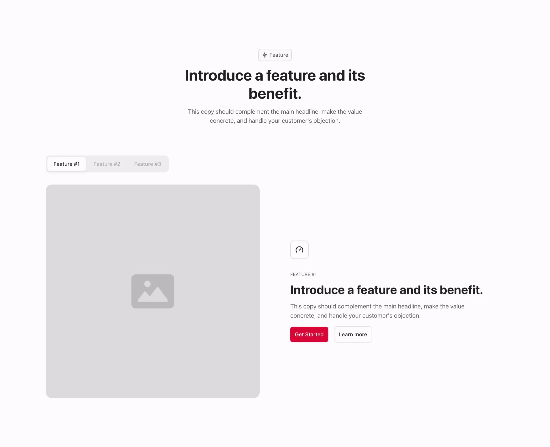 Feature component with content to the right and image to the left, organized in tabs, and a header above.