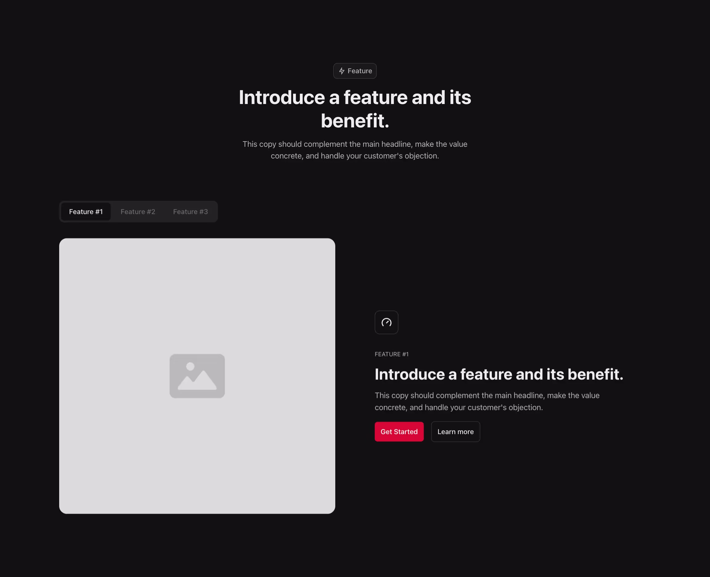Feature component with content to the right and image to the left, organized in tabs, and a header above.