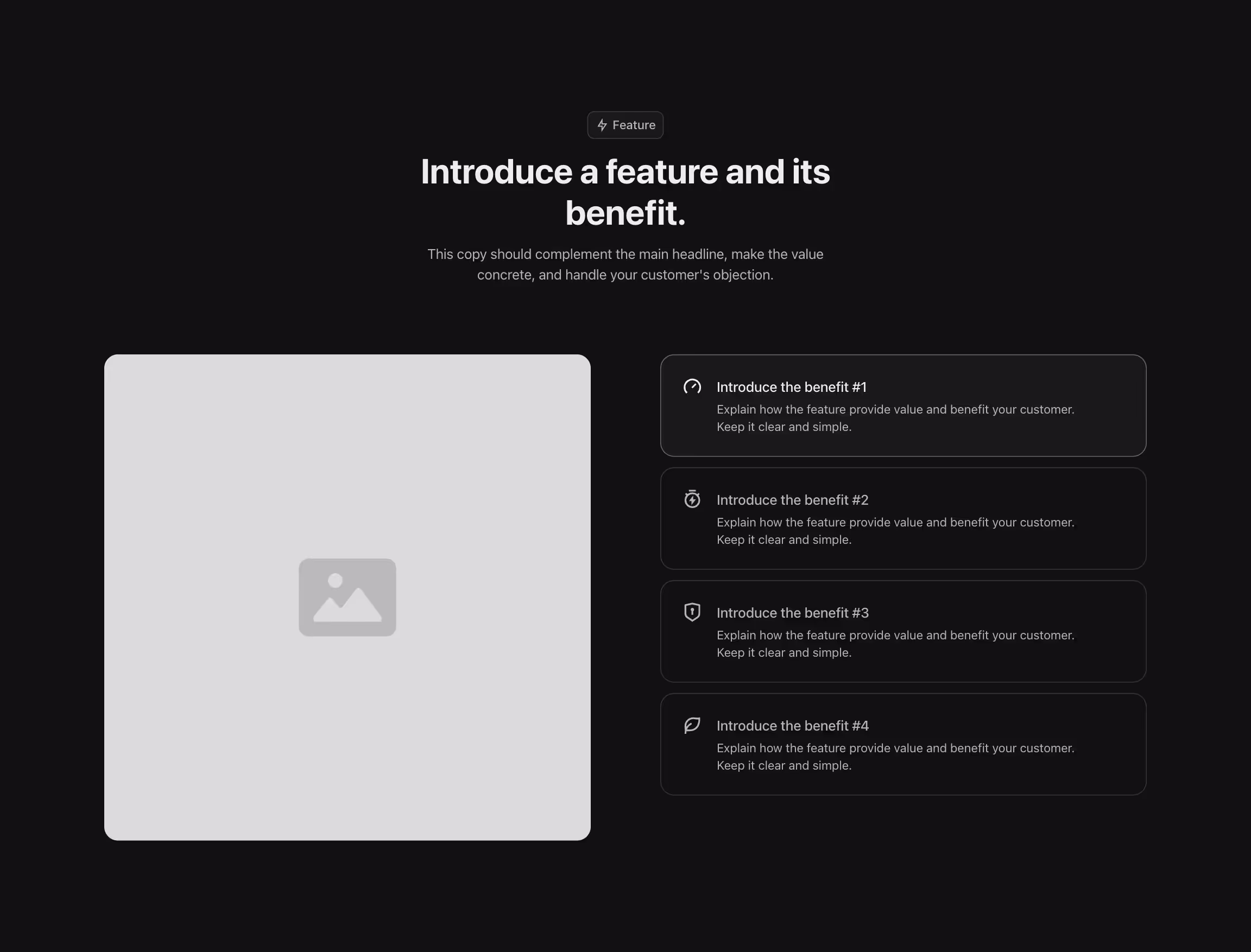 Feature component with tabs to the right and image to the left, and a header above.