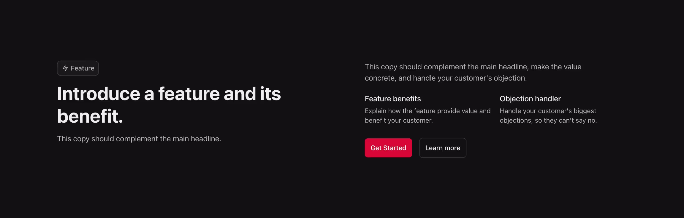 Feature component with title to the left and content to the right.