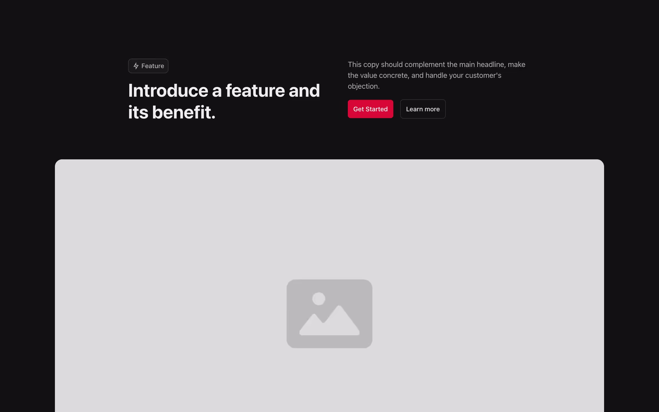 Feature component with content on the top and large image below.