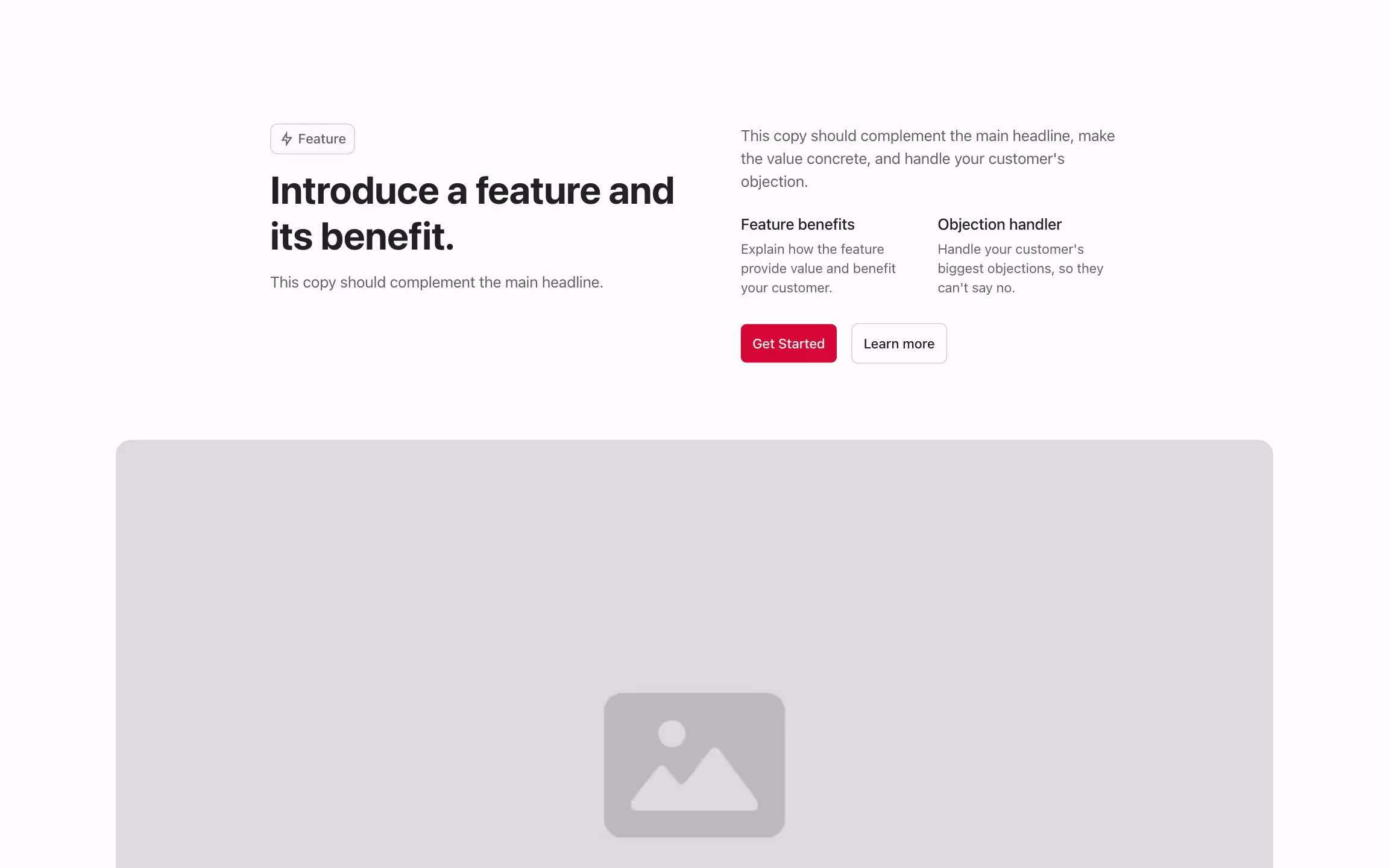 Feature component with content on the top and large image below.