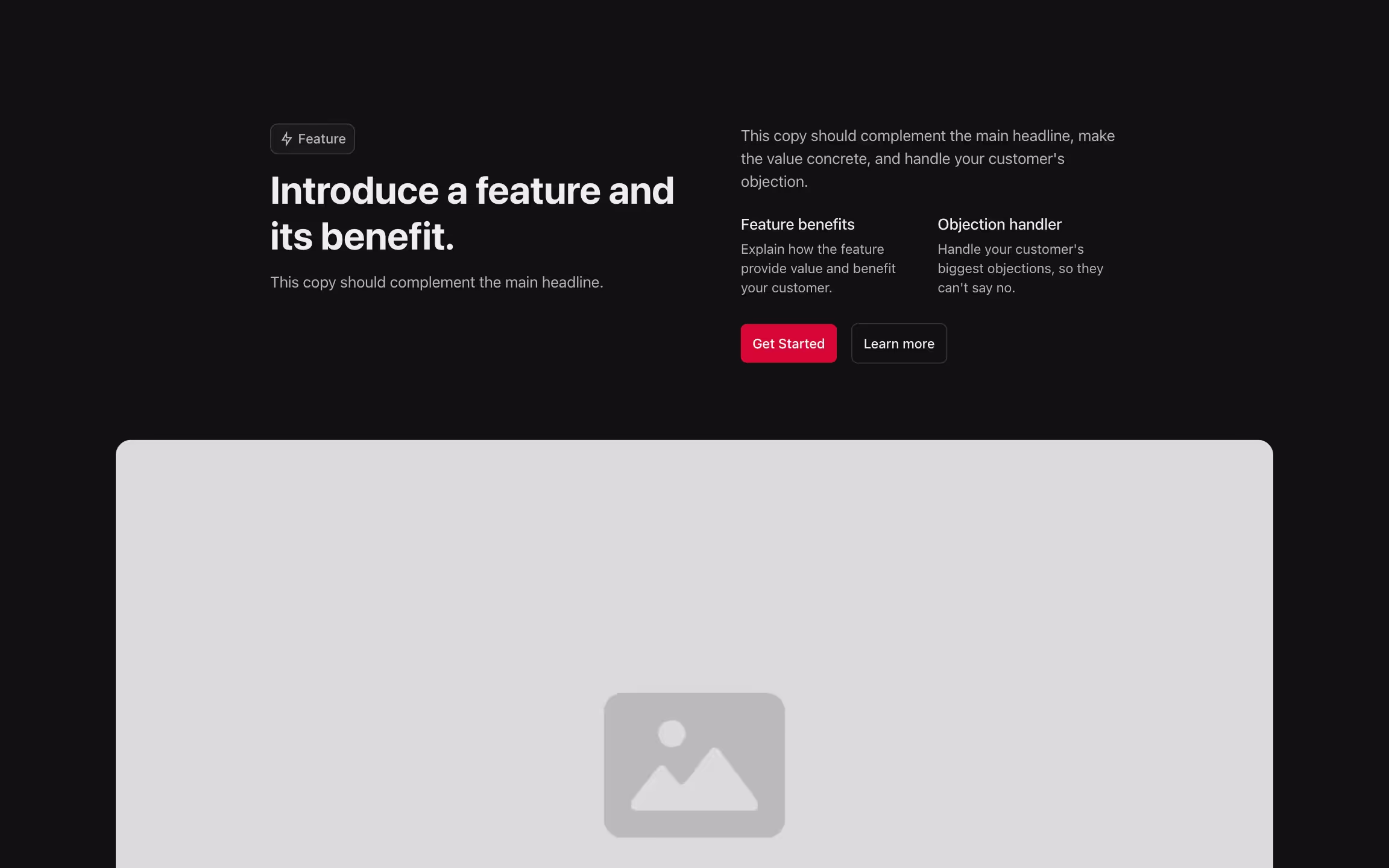 Feature component with content on the top and large image below.